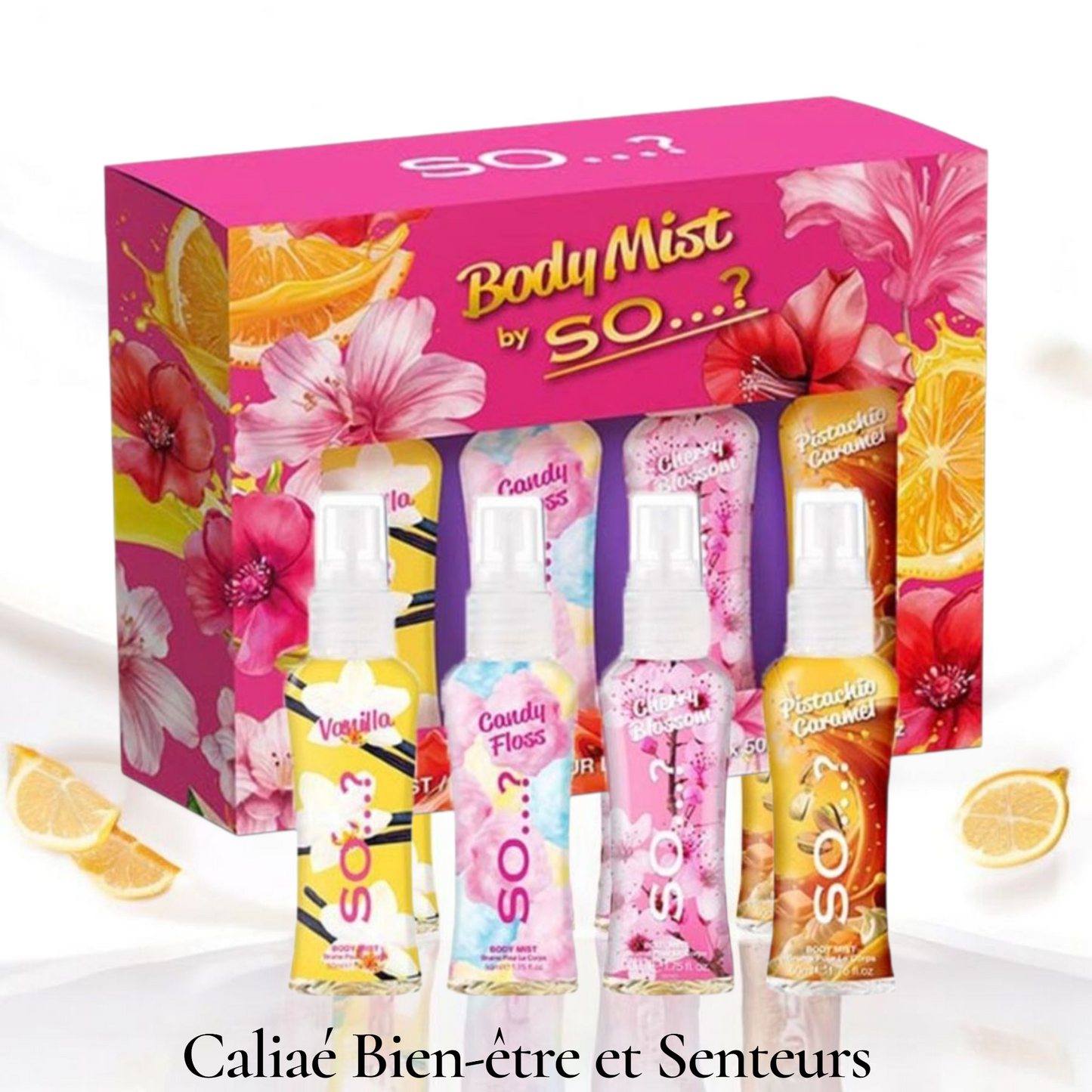 Coffret 4 Mini Brumes 50ml - Vanille, Barbe à Papa, Fleur de Cerisier, Caramel Pistache