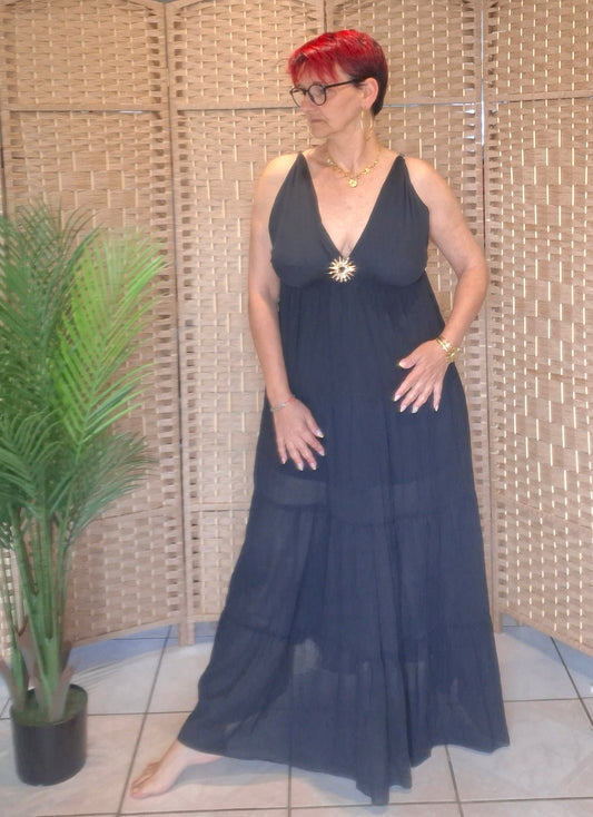 Robe LEONIE NOIR en Coton – Décolleté V & Bijou soleil