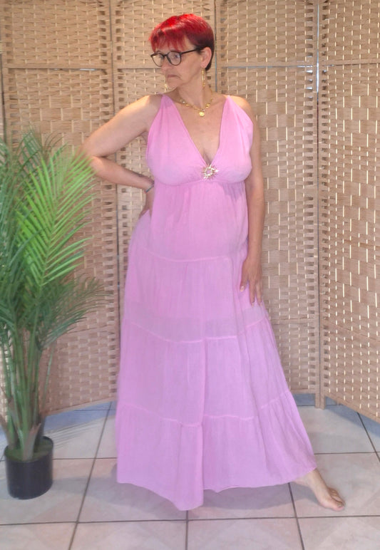 Robe LEONIE ROSE Bohème en Coton – Décolleté V & Bijou soleil